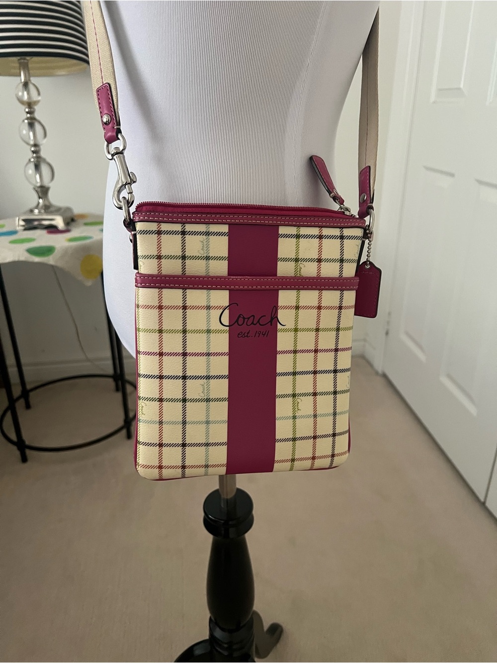 Coach Plaid Crossbody Bag in Cream and Pink